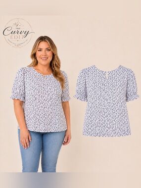 Relaxed Coquette Cottagecore Blue and White Floral Puff-Sleeve Top L